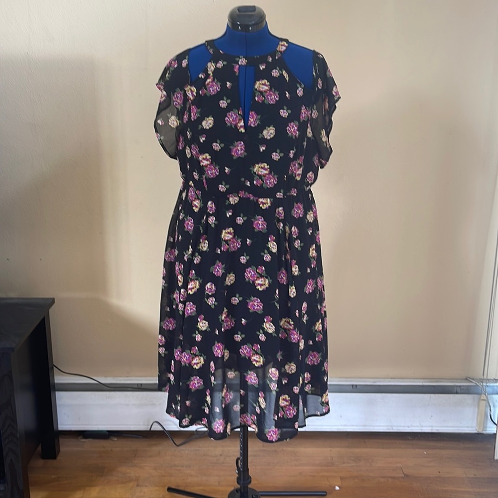 A black floral below the knee off shoulder dress from torrid size 16.